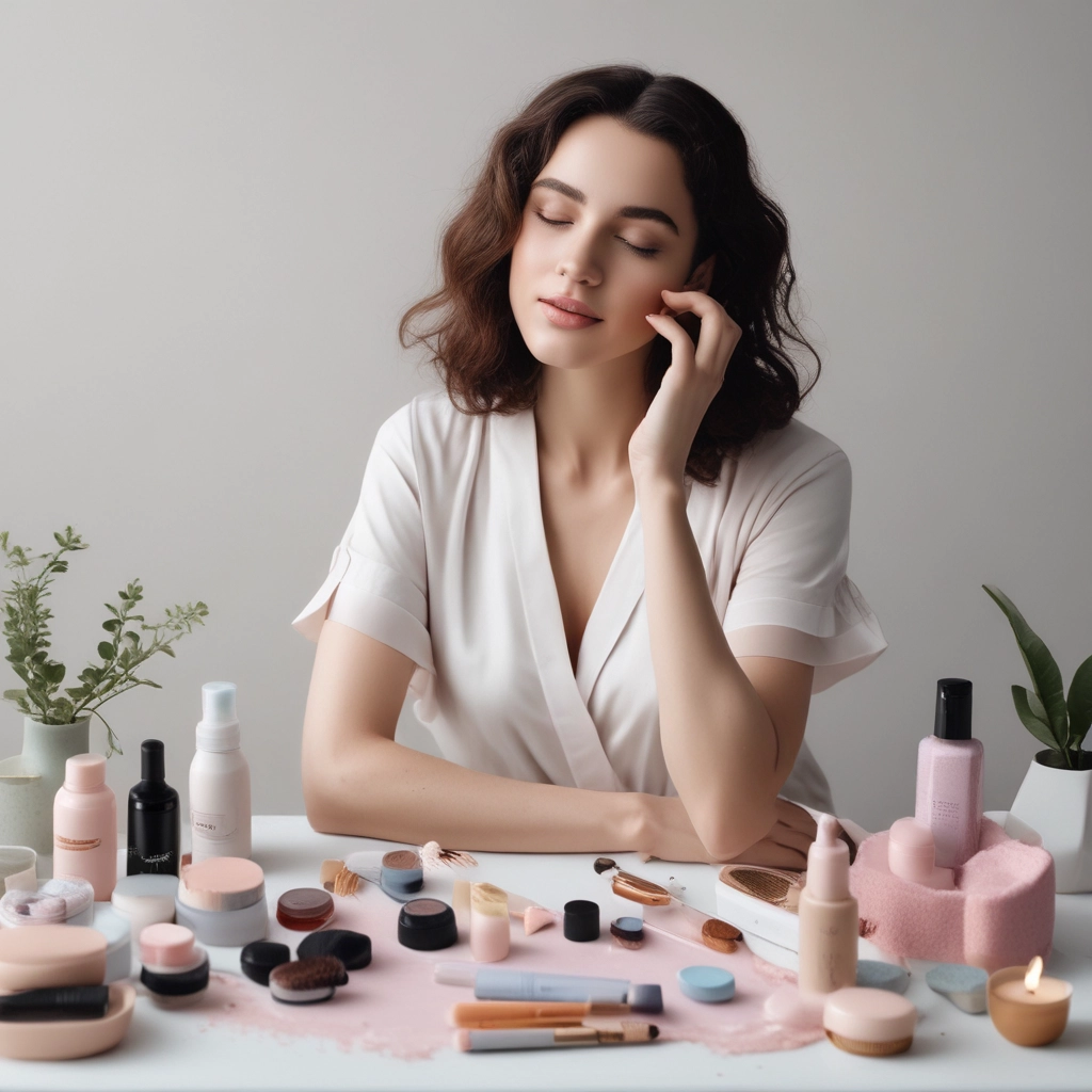 Home Various beauty and skincare products are neatly arranged on a white dressing table with a round mirror. The assortment includes perfumes, creams, and boxes, some with recognizable labels. Next to the mirror, a book sits with a decorative item resembling cotton branches in the background.